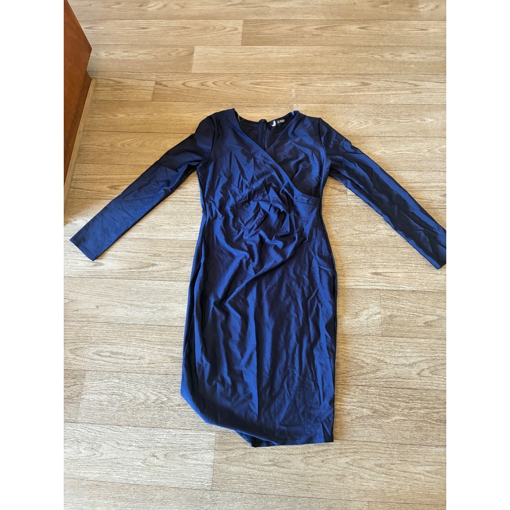 Le Gala Navy Blue Long Sleeve Wrap Faux Surplice Ruched Asymmetrical Dress XL